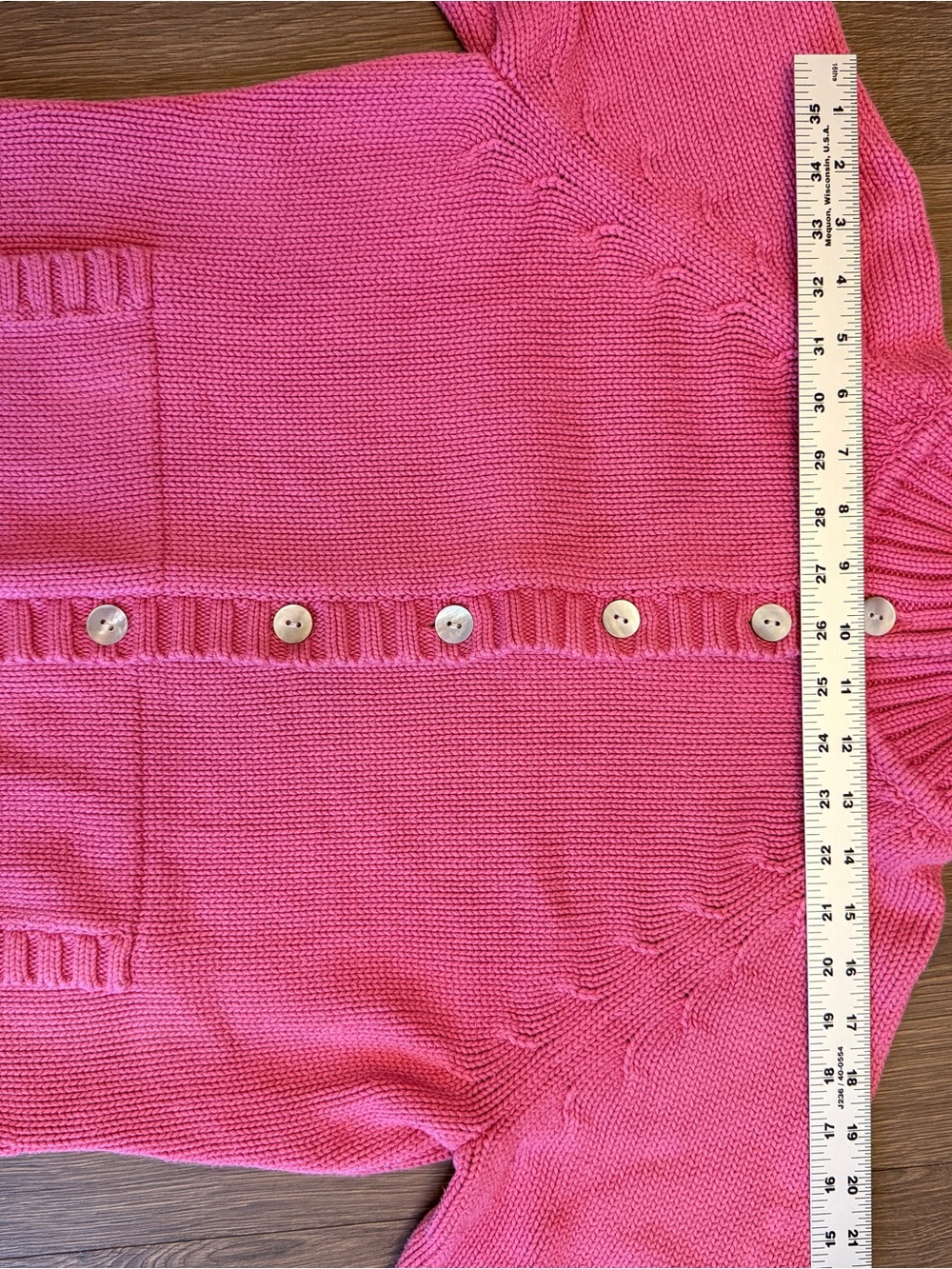 Vintage 90s Lands’ End Pink Cotton Cardigan Sweater L/P 14-16 Knit Fisherman - Picture 10 of 11